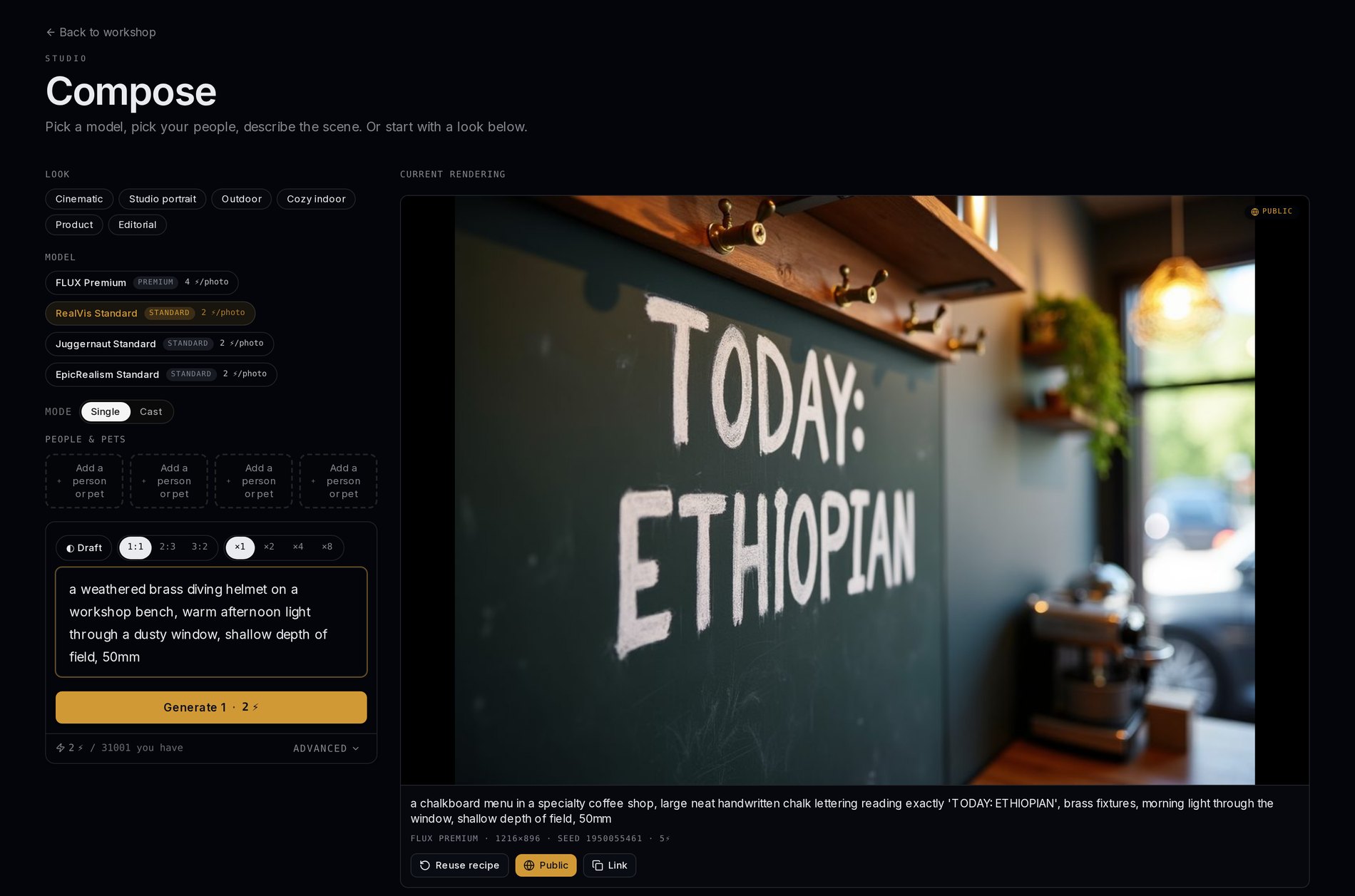The Loralume Compose screen: model picker with per-photo Spark cost, prompt and generation settings on the left, and a large FLUX render of a coffee-shop chalkboard on the right.